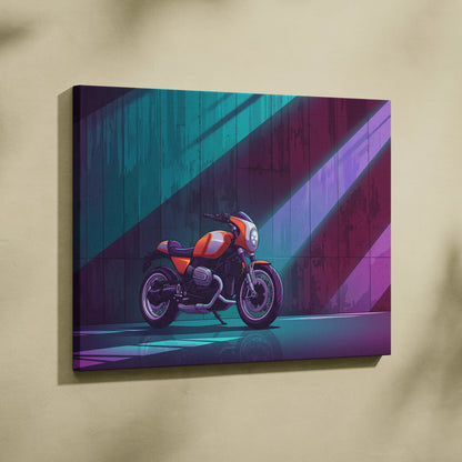 BMW R NineT Inspired Orange Teal Motorcycle Canvas Wall Art Vaporwave Neon Café Racer Garage Decor Retro Futuristic Urban Artwork