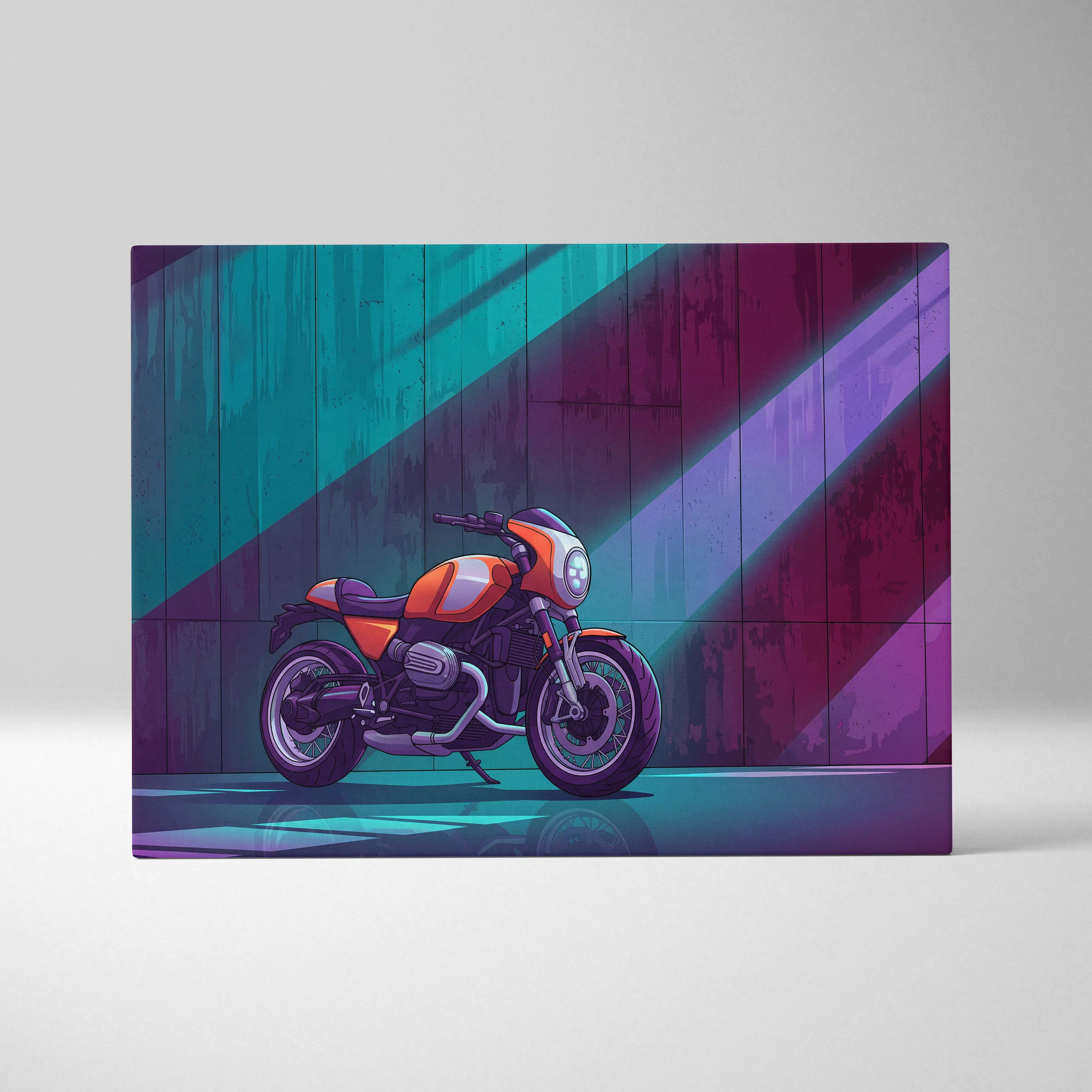 BMW R NineT Inspired Orange Teal Motorcycle Canvas Wall Art Vaporwave Neon Café Racer Garage Decor Retro Futuristic Urban Artwork
