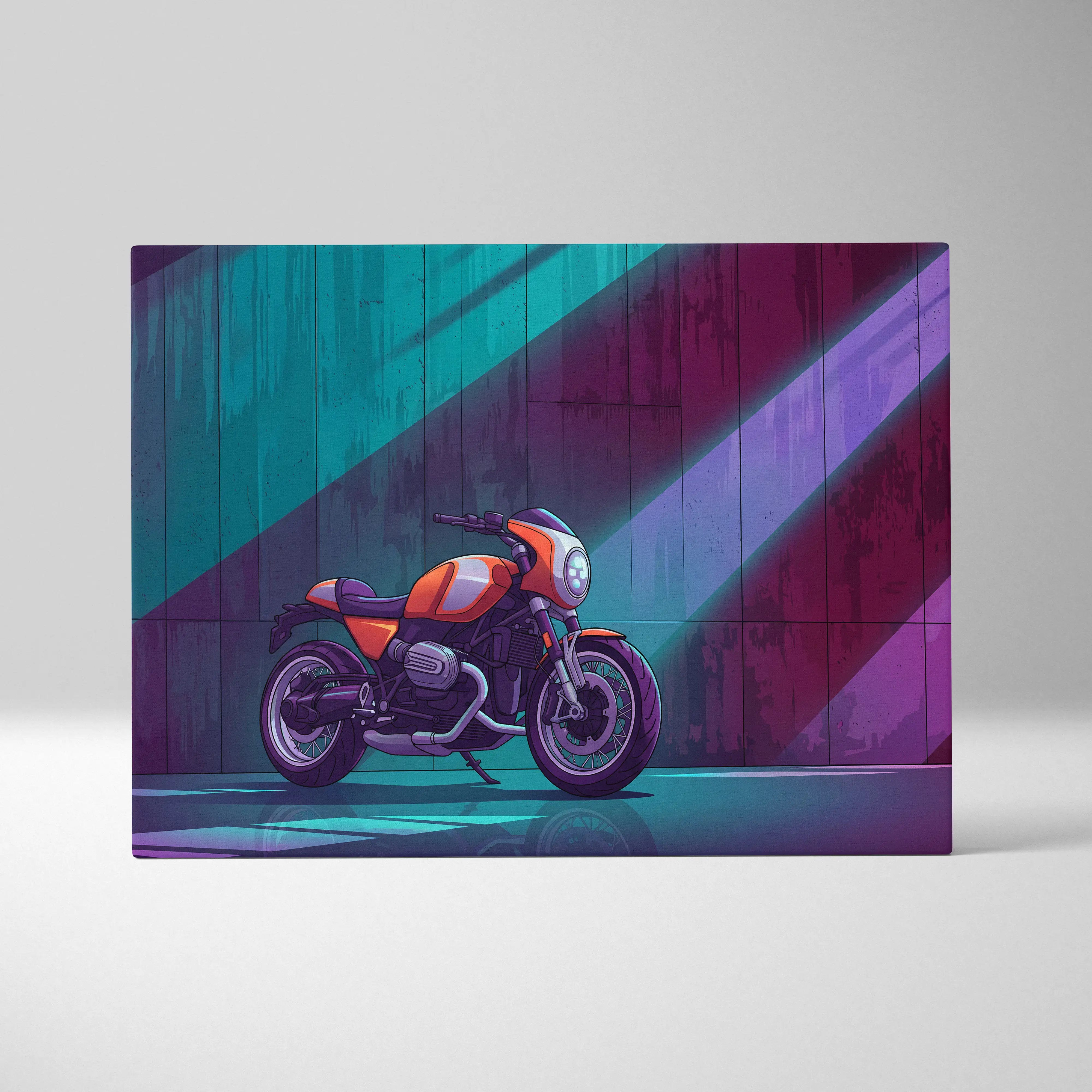 BMW R NineT Inspired Orange Teal Motorcycle Canvas Wall Art Vaporwave Neon Café Racer Garage Decor Retro Futuristic Urban Artwork