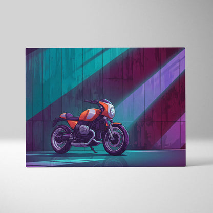 BMW R NineT Inspired Orange Teal Motorcycle Canvas Wall Art Vaporwave Neon Café Racer Garage Decor Retro Futuristic Urban Artwork