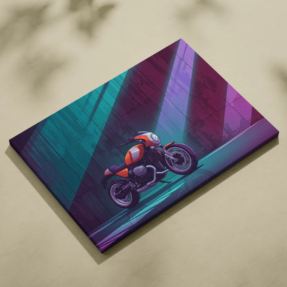 BMW R NineT Inspired Orange Teal Motorcycle Canvas Wall Art Vaporwave Neon Café Racer Garage Decor Retro Futuristic Urban Artwork