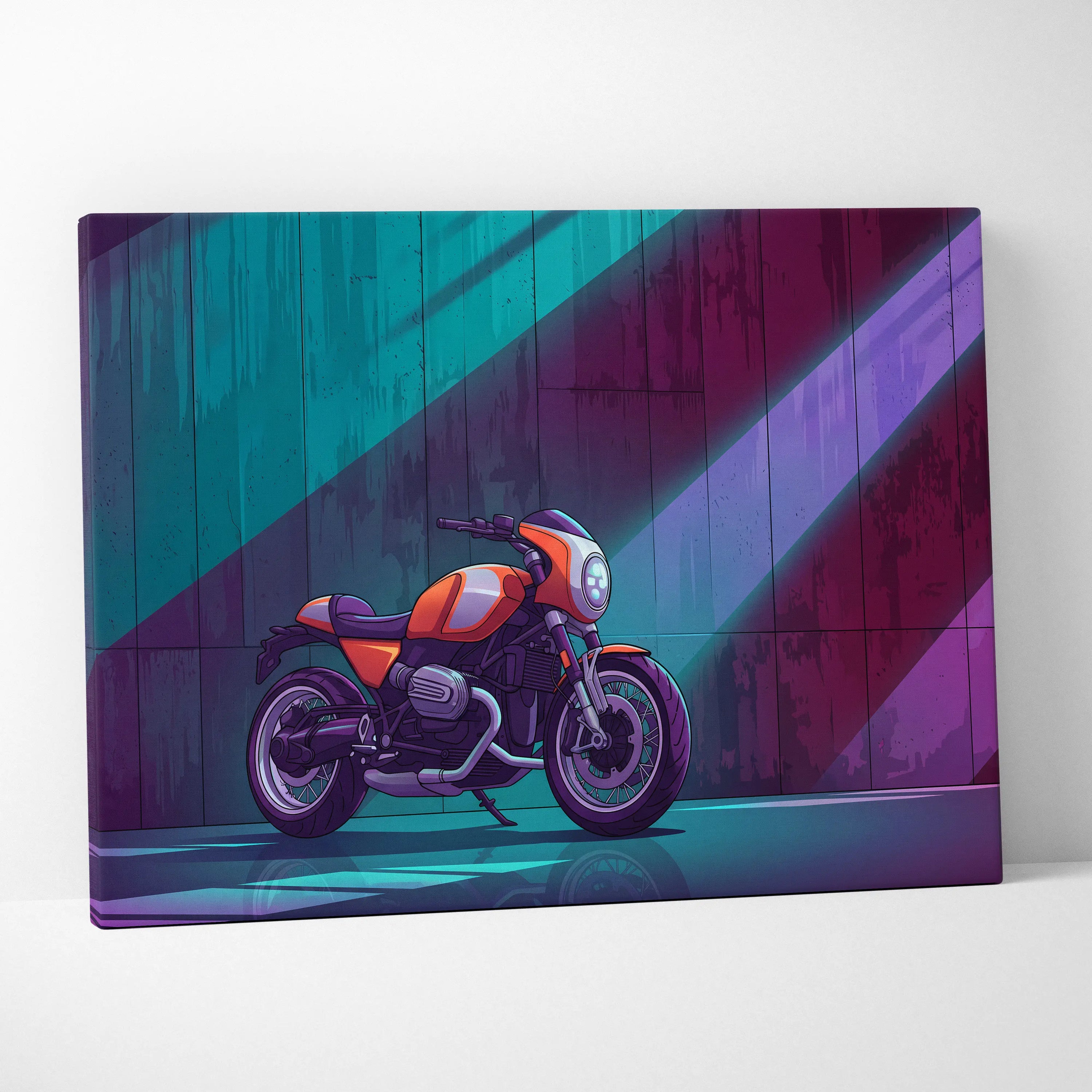 BMW R NineT Inspired Orange Teal Motorcycle Canvas Wall Art Vaporwave Neon Café Racer Garage Decor Retro Futuristic Urban Artwork