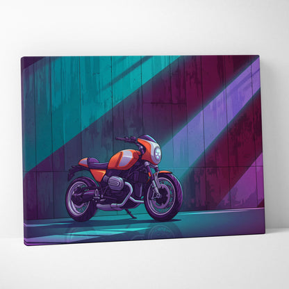 BMW R NineT Inspired Orange Teal Motorcycle Canvas Wall Art Vaporwave Neon Café Racer Garage Decor Retro Futuristic Urban Artwork