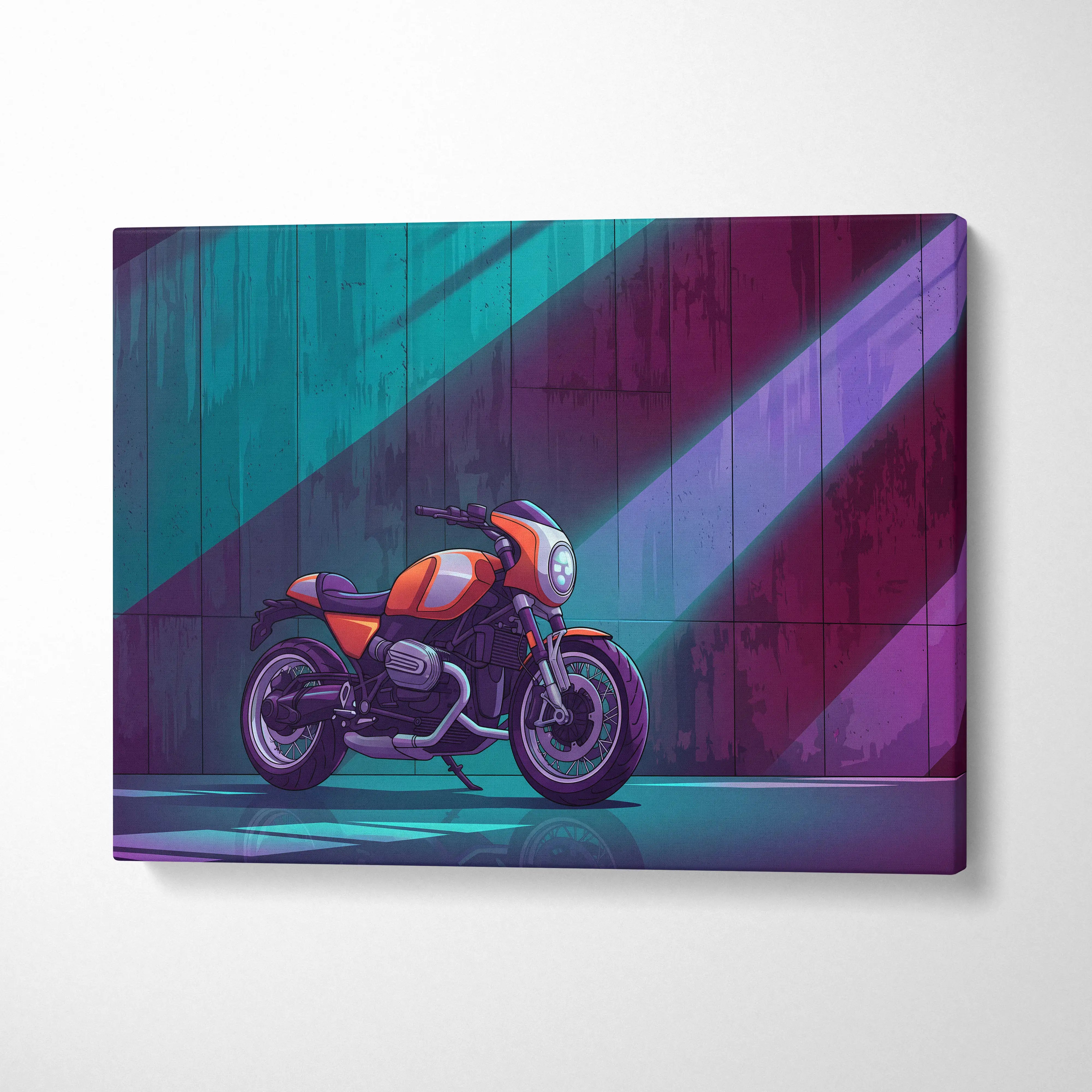 BMW R NineT Inspired Orange Teal Motorcycle Canvas Wall Art Vaporwave Neon Café Racer Garage Decor Retro Futuristic Urban Artwork