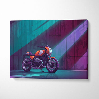 BMW R NineT Inspired Orange Teal Motorcycle Canvas Wall Art Vaporwave Neon Café Racer Garage Decor Retro Futuristic Urban Artwork