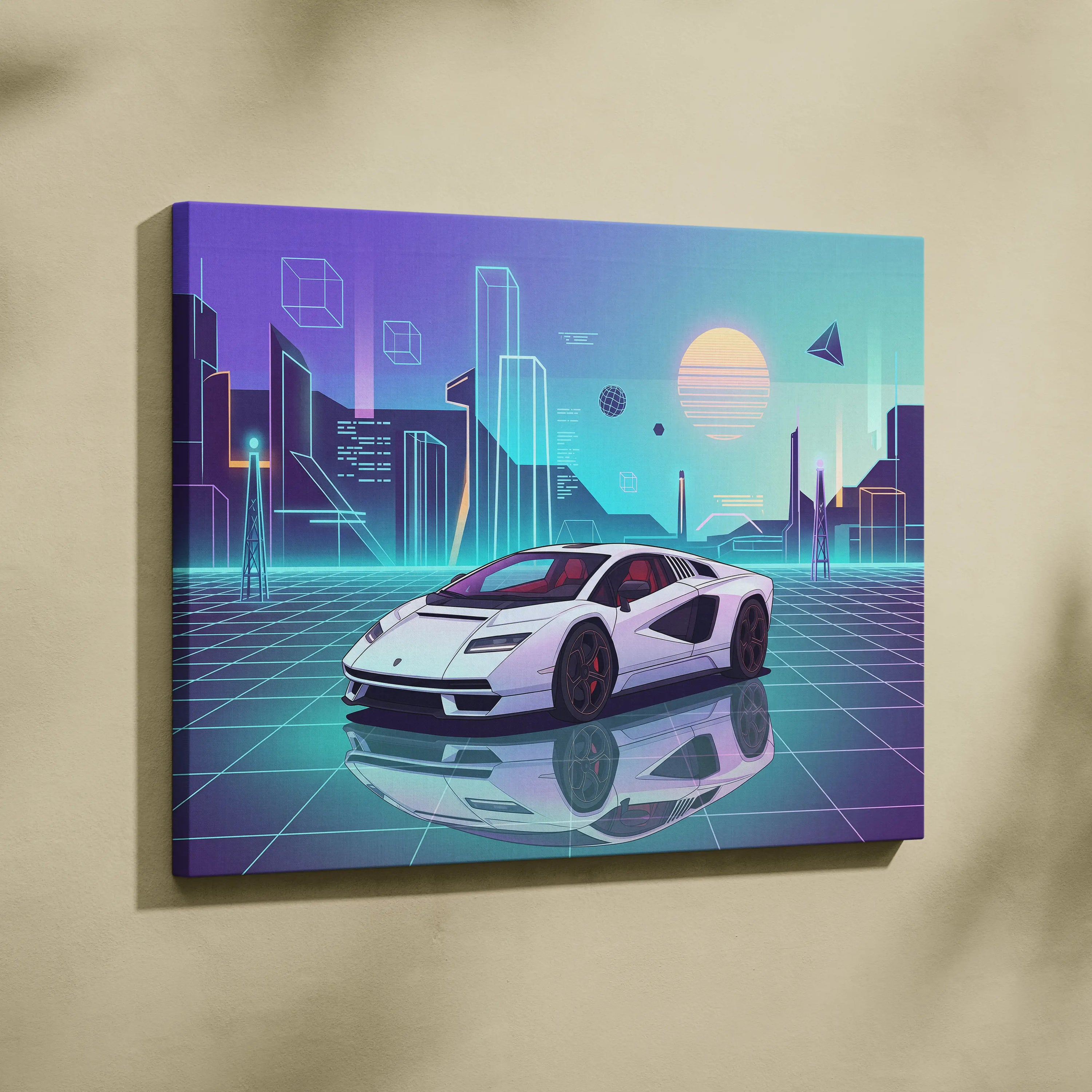 Lamborghini Countach Inspired White Purple Canvas Wall Art, Vaporwave Supercar Artwork, Neon City Garage Decor, Retro Futuristic Exotic Print
