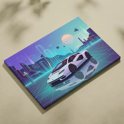 Lamborghini Countach Inspired White Purple Canvas Wall Art, Vaporwave Supercar Artwork, Neon City Garage Decor, Retro Futuristic Exotic Print