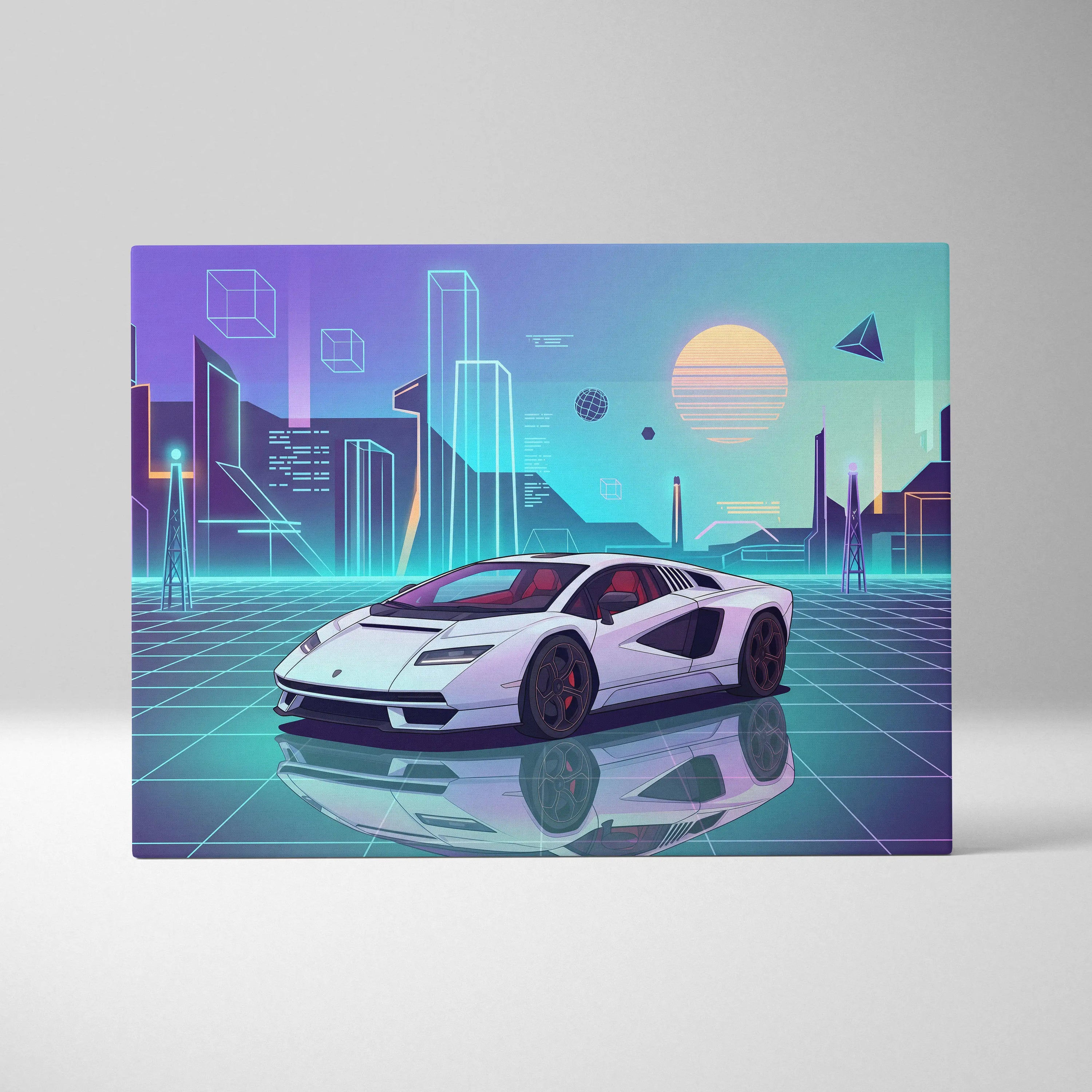Lamborghini Countach Inspired White Purple Canvas Wall Art, Vaporwave Supercar Artwork, Neon City Garage Decor, Retro Futuristic Exotic Print