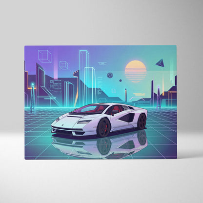 Lamborghini Countach Inspired White Purple Canvas Wall Art, Vaporwave Supercar Artwork, Neon City Garage Decor, Retro Futuristic Exotic Print