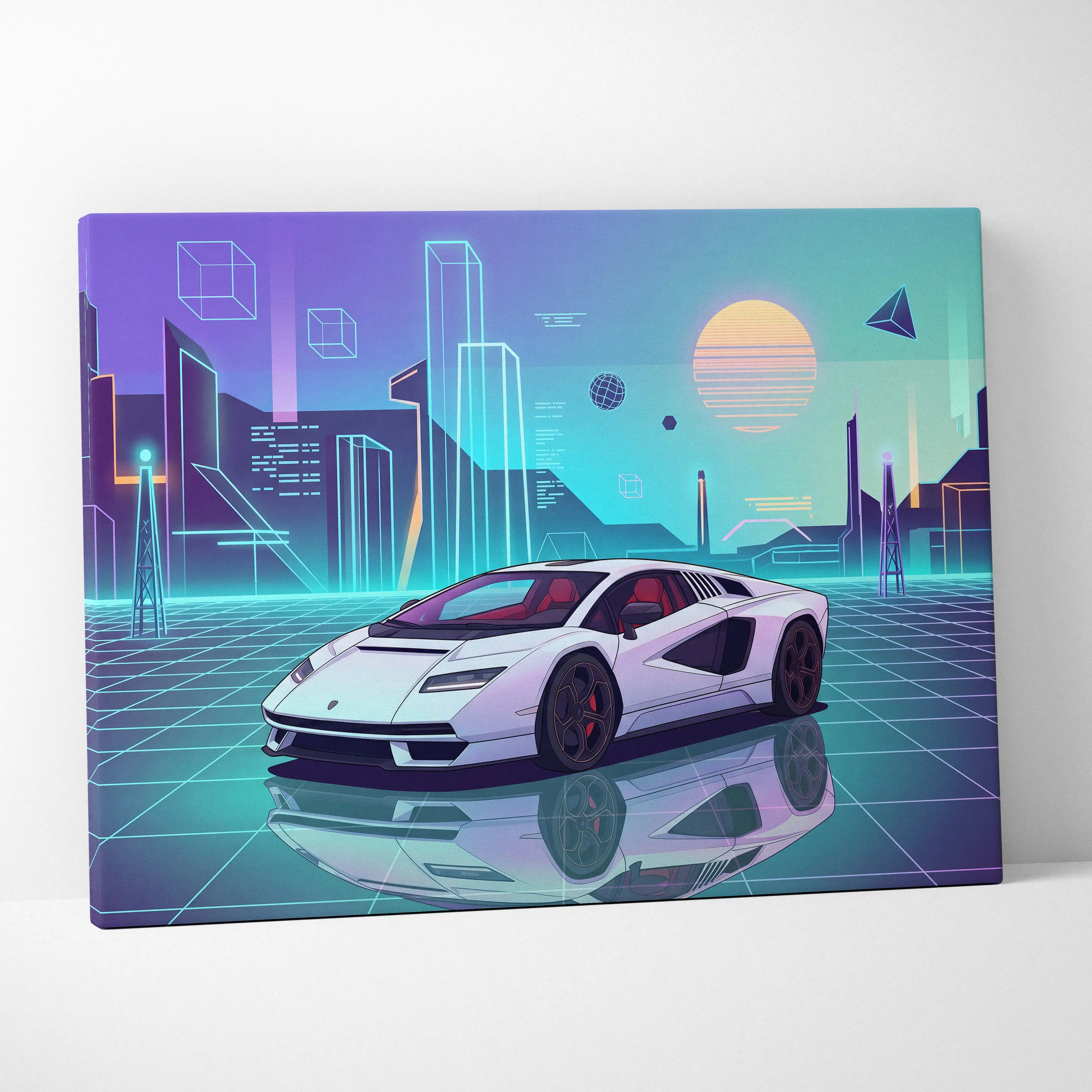 Lamborghini Countach Inspired White Purple Canvas Wall Art, Vaporwave Supercar Artwork, Neon City Garage Decor, Retro Futuristic Exotic Print