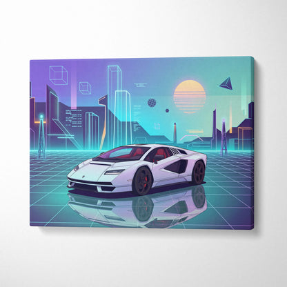 Lamborghini Countach Inspired White Purple Canvas Wall Art, Vaporwave Supercar Artwork, Neon City Garage Decor, Retro Futuristic Exotic Print