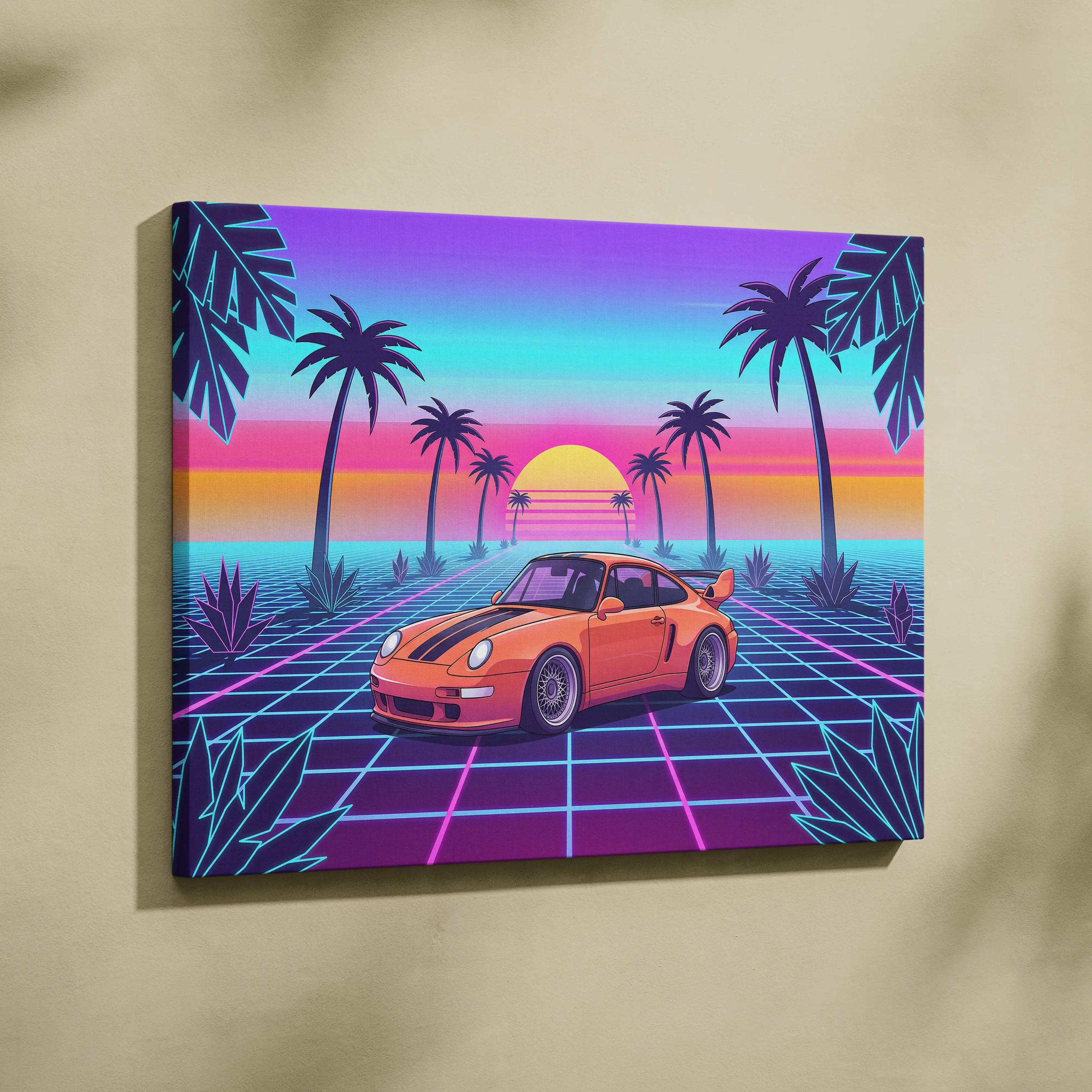 Porsche 911 Classic Inspired Orange Purple Canvas Wall Art, Vaporwave Widebody Car Artwork, Neon Palm Garage Decor, Retro Futuristic Art