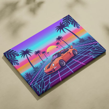 Porsche 911 Classic Inspired Orange Purple Canvas Wall Art, Vaporwave Widebody Car Artwork, Neon Palm Garage Decor, Retro Futuristic Art