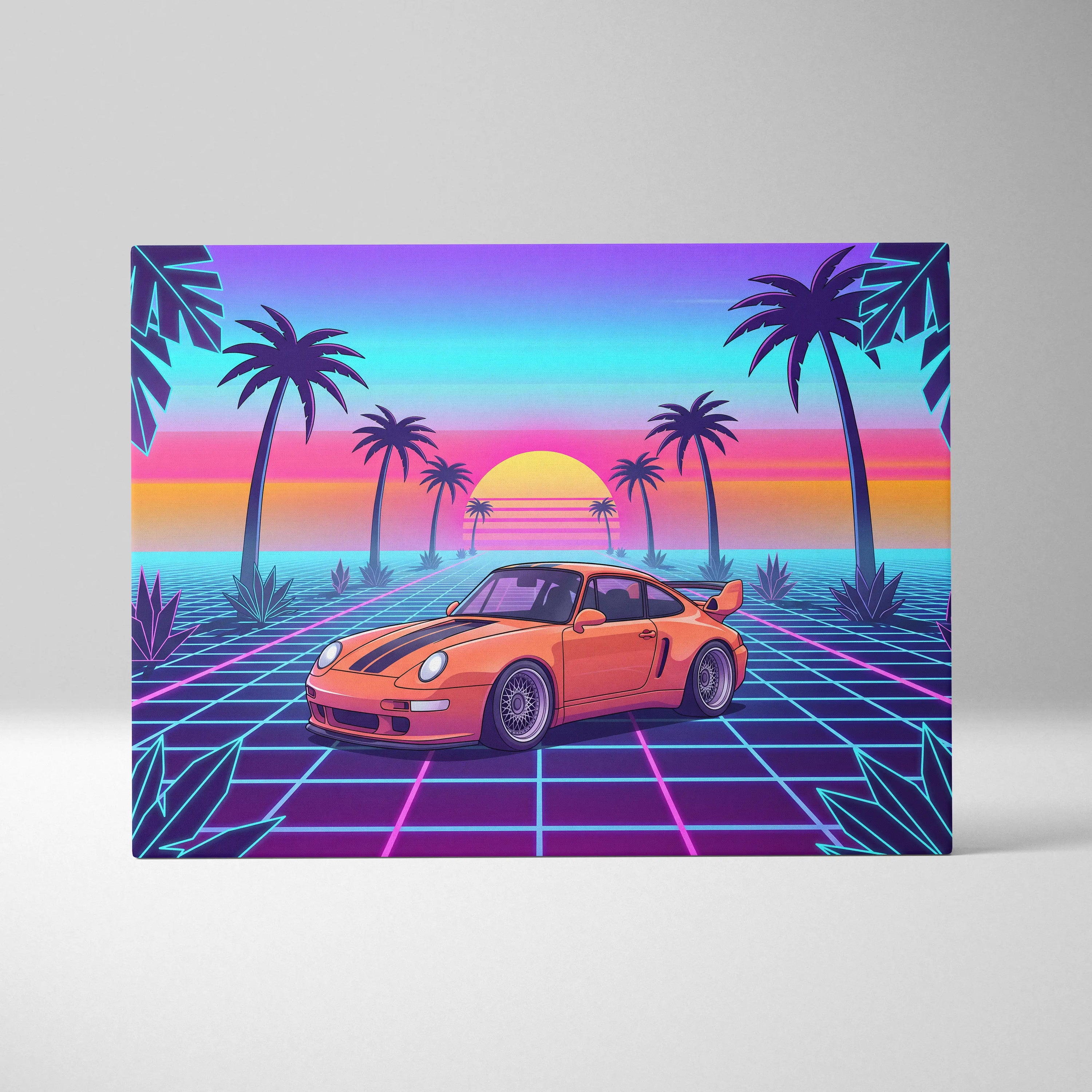 Porsche 911 Classic Inspired Orange Purple Canvas Wall Art, Vaporwave Widebody Car Artwork, Neon Palm Garage Decor, Retro Futuristic Art