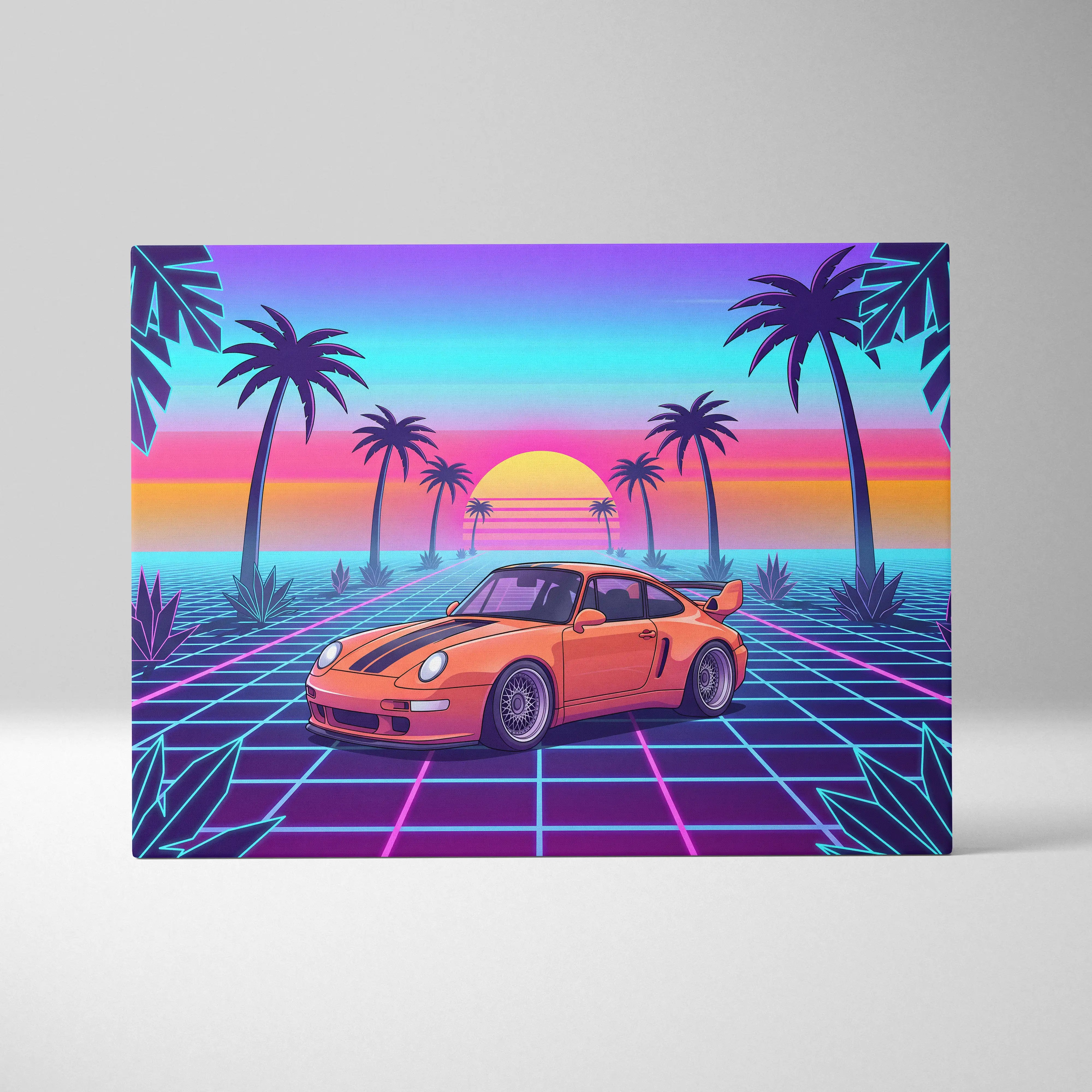 Porsche 911 classic inspired orange and purple canvas wall art featuring a vibrant sports car in retro futuristic style