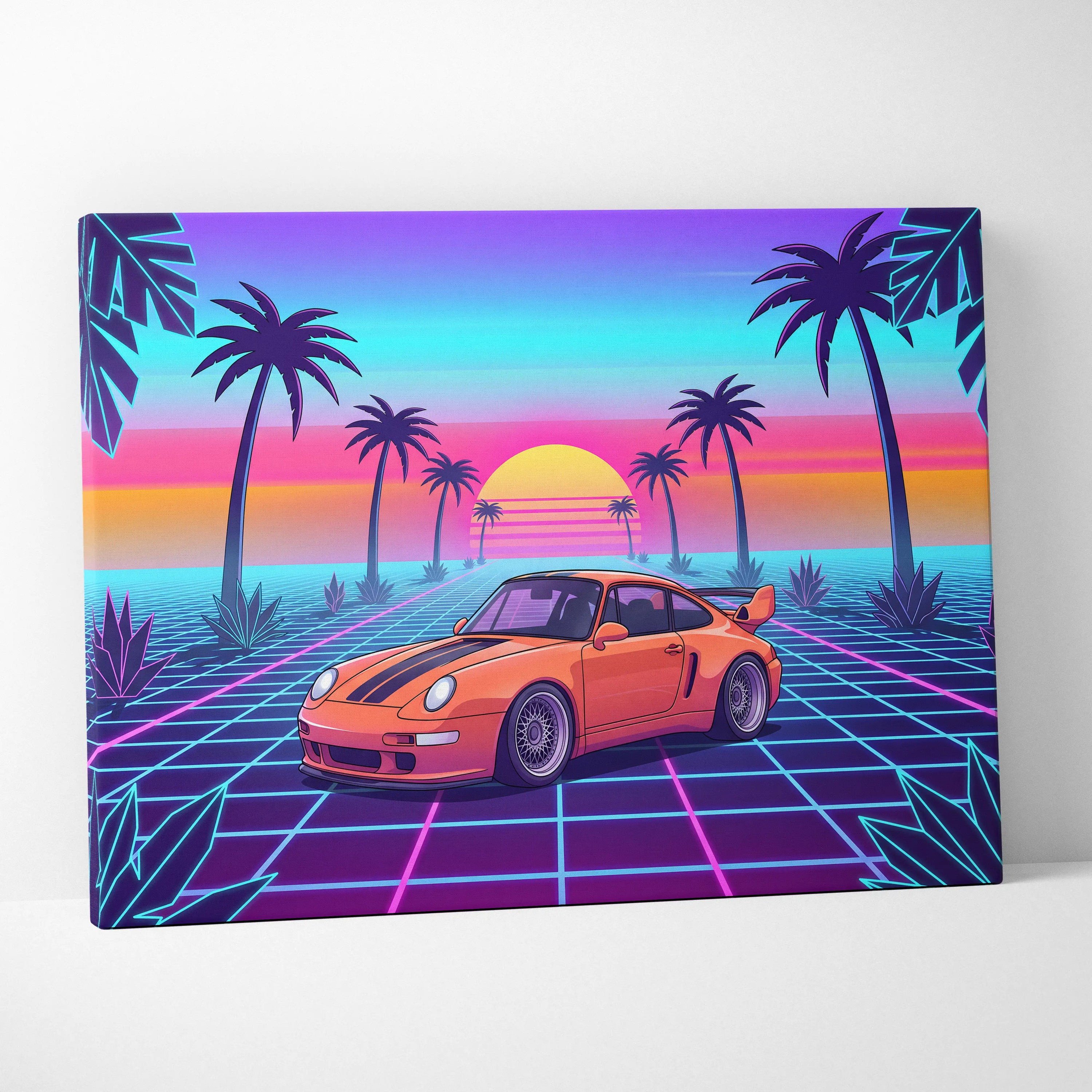 Porsche 911 Classic Inspired Orange Purple Canvas Wall Art, Vaporwave Widebody Car Artwork, Neon Palm Garage Decor, Retro Futuristic Art
