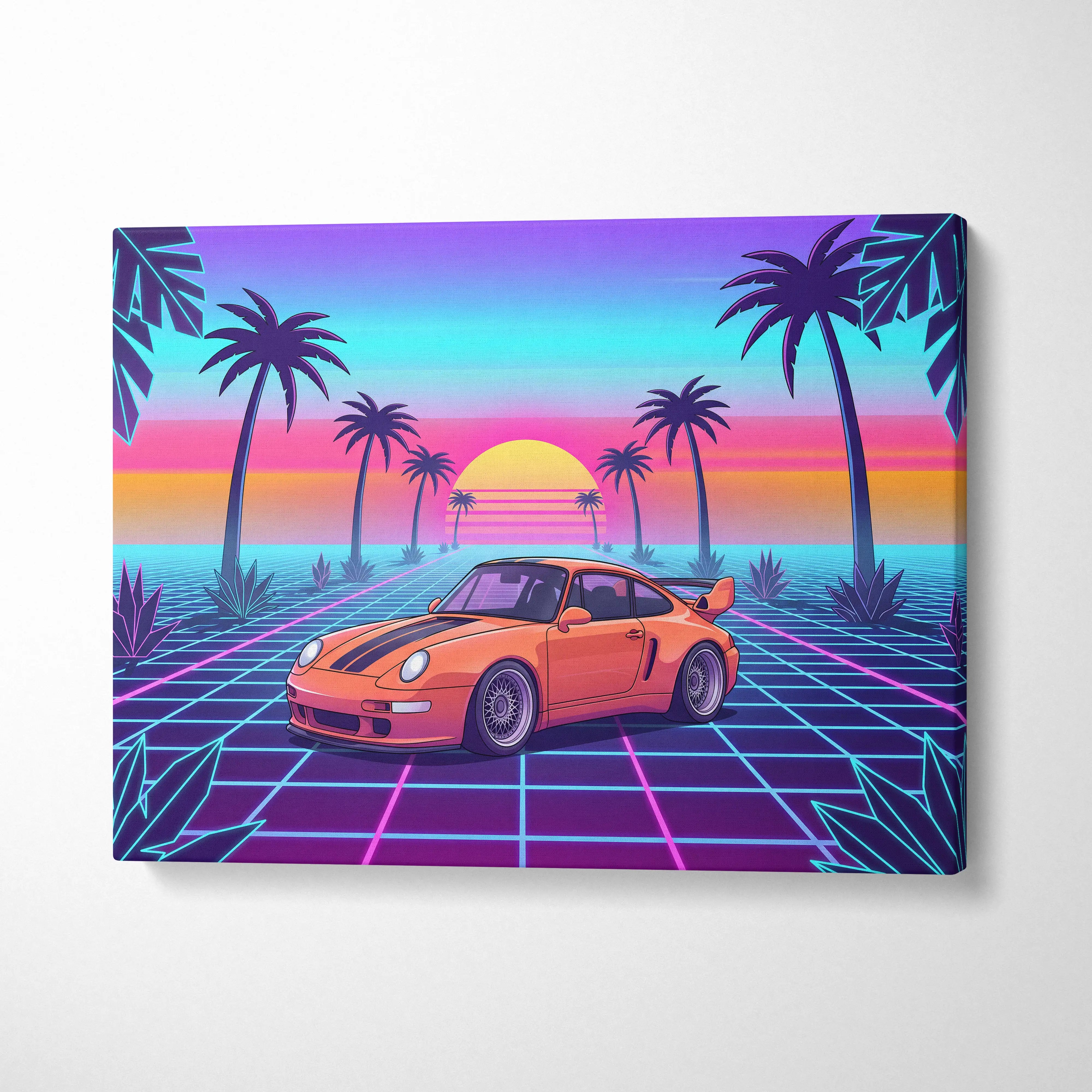 Porsche 911 classic inspired orange sports car with black racing stripes on vibrant retro-futuristic canvas wall art