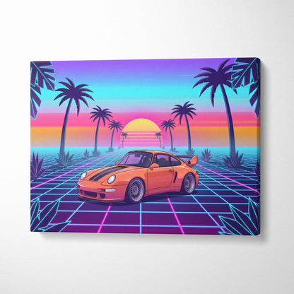 Porsche 911 Classic Inspired Orange Purple Canvas Wall Art, Vaporwave Widebody Car Artwork, Neon Palm Garage Decor, Retro Futuristic Art