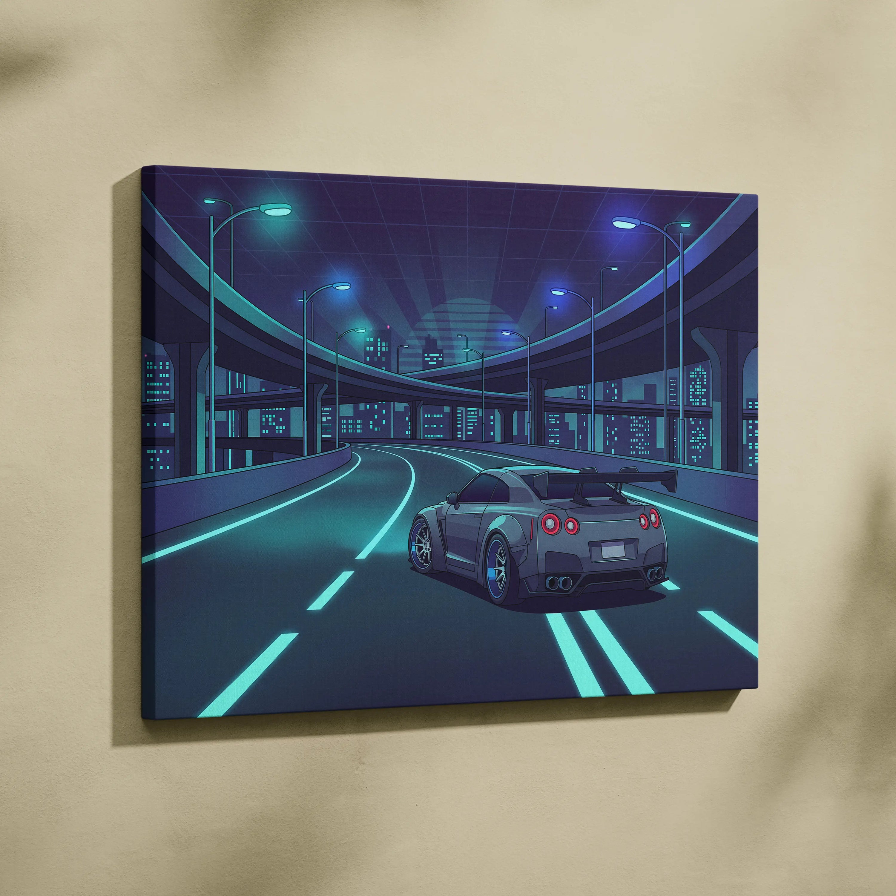 Nissan GT-R R35 Inspired Silver Teal Canvas Wall Art, Neon Vaporwave JDM Supercar Artwork for Cyberpunk City Garage Decor