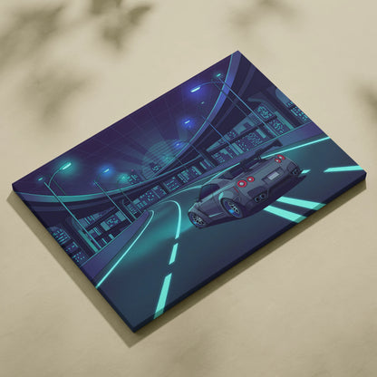 Nissan GT-R R35 Inspired Silver Teal Canvas Wall Art, Neon Vaporwave JDM Supercar Artwork for Cyberpunk City Garage Decor