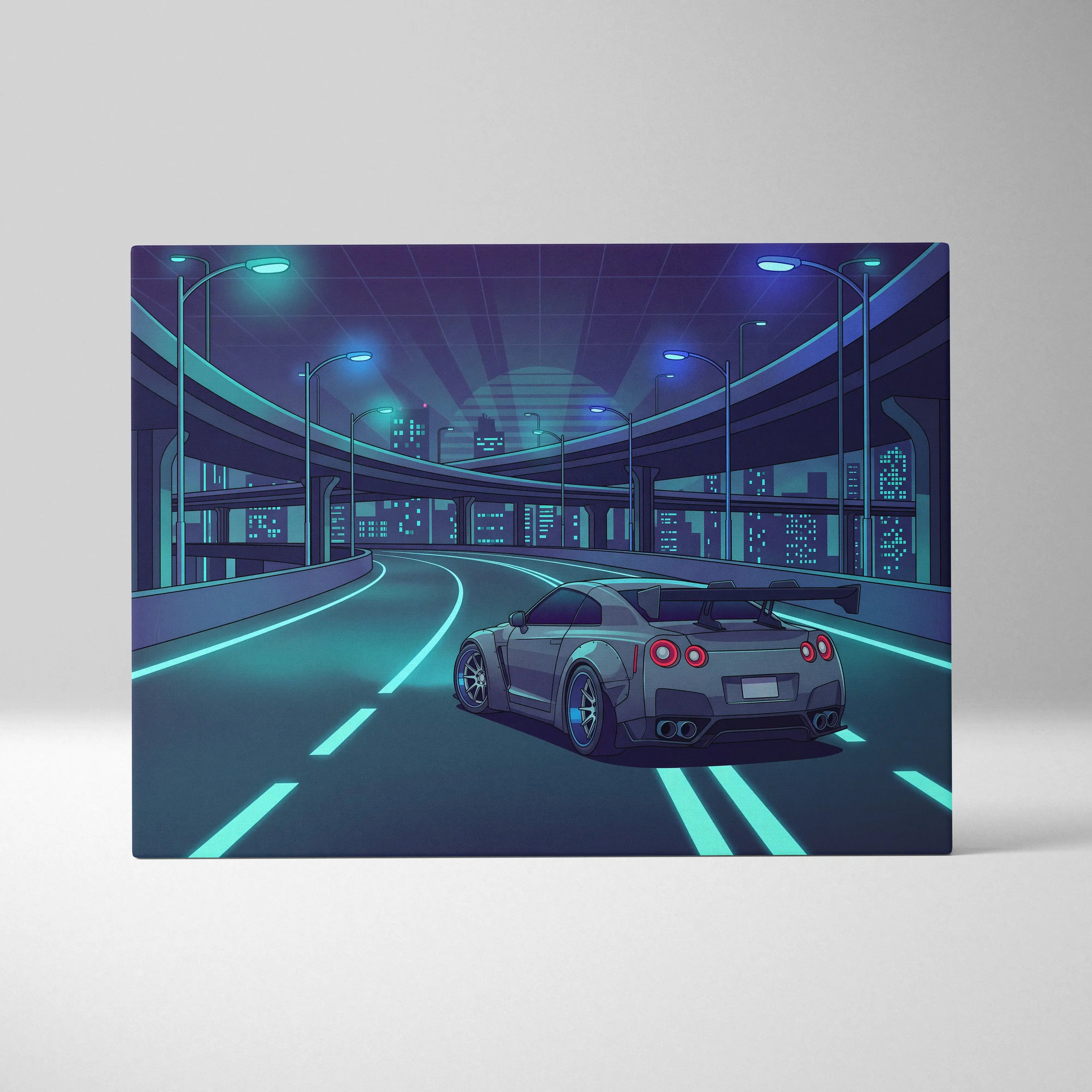 Nissan GT-R R35 Inspired Silver Teal Canvas Wall Art, Neon Vaporwave JDM Supercar Artwork for Cyberpunk City Garage Decor