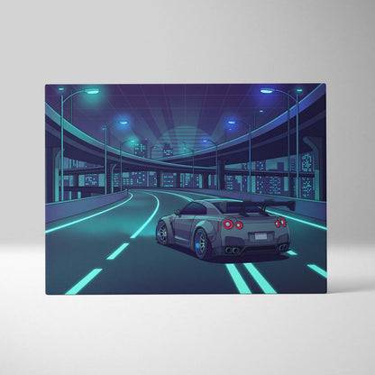Nissan GT-R R35 Inspired Silver Teal Canvas Wall Art, Neon Vaporwave JDM Supercar Artwork for Cyberpunk City Garage Decor