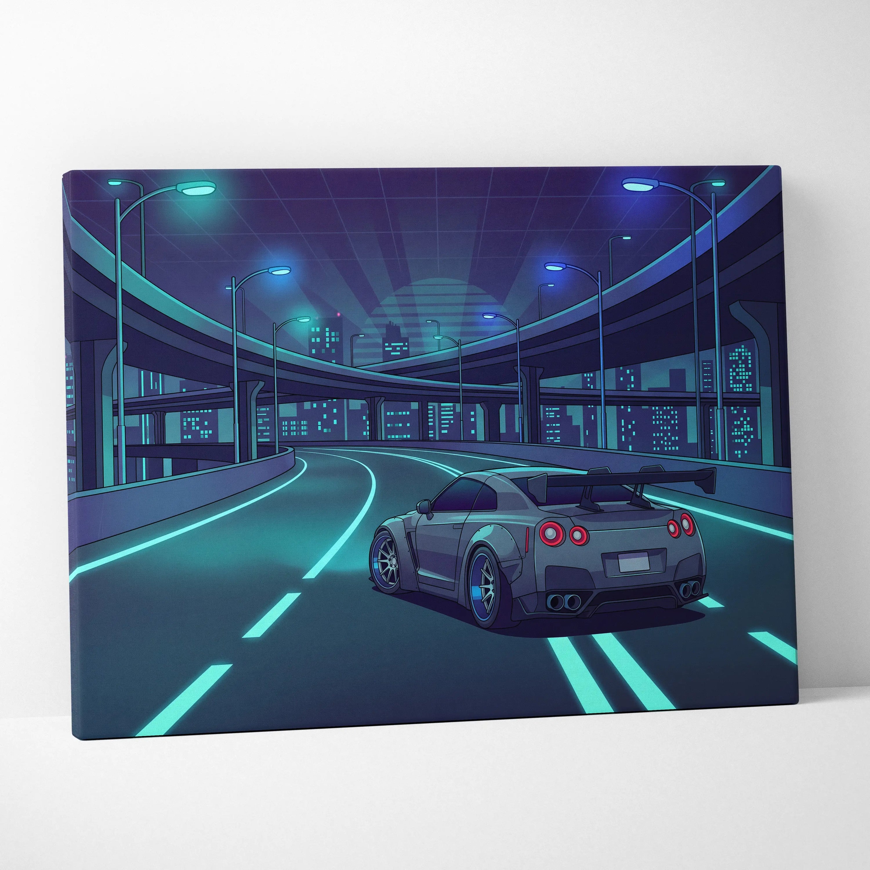 Nissan GT-R R35 Inspired Silver Teal Canvas Wall Art, Neon Vaporwave JDM Supercar Artwork for Cyberpunk City Garage Decor