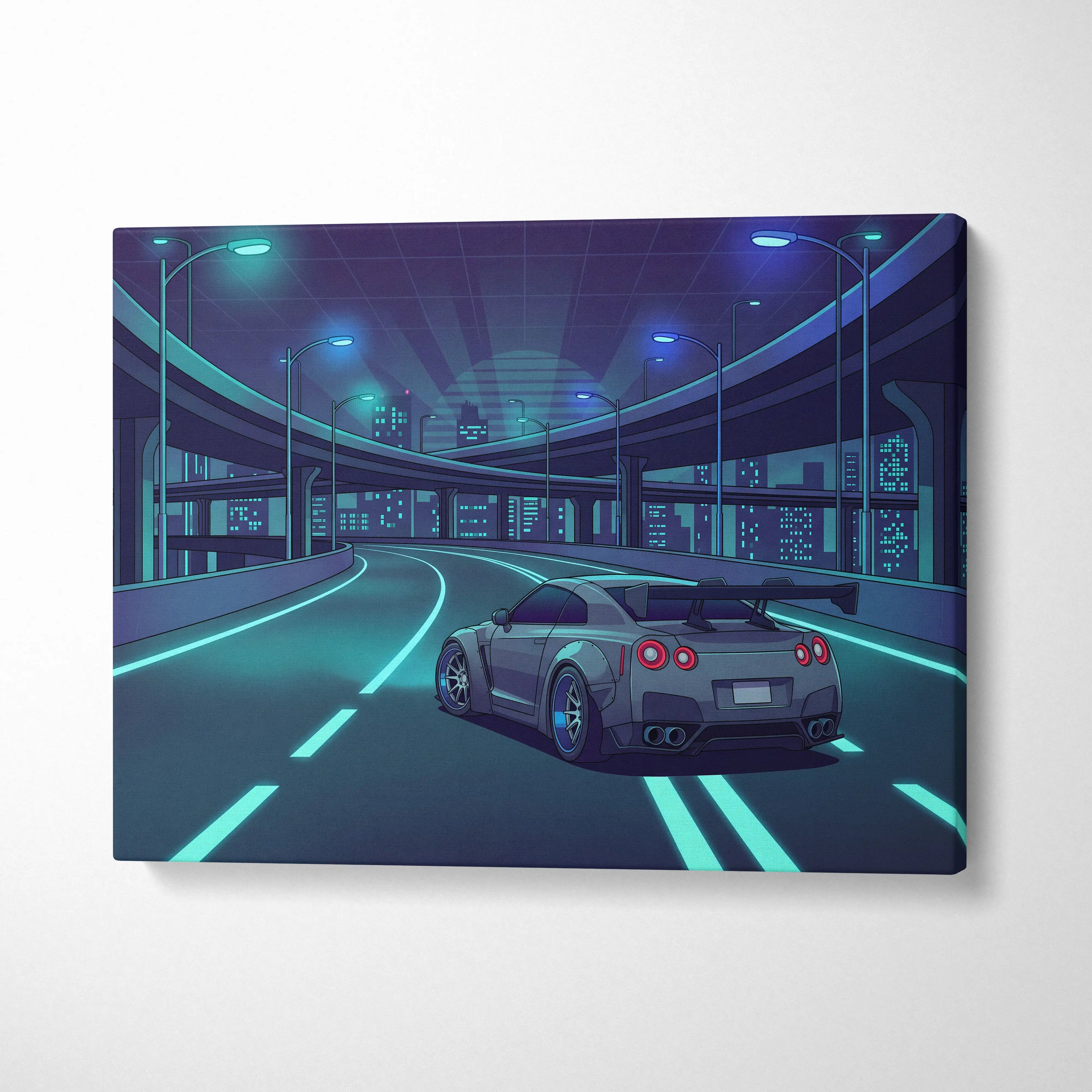Nissan GT-R R35 Inspired Silver Teal Canvas Wall Art, Neon Vaporwave JDM Supercar Artwork for Cyberpunk City Garage Decor