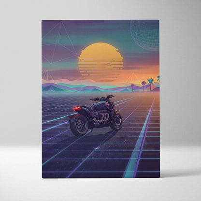 Triumph Rocket 3 Inspired Black Purple Motorcycle Canvas Wall Art Vaporwave Sunset Power Cruiser Garage Decor Retro Futuristic Neon Road Artwork