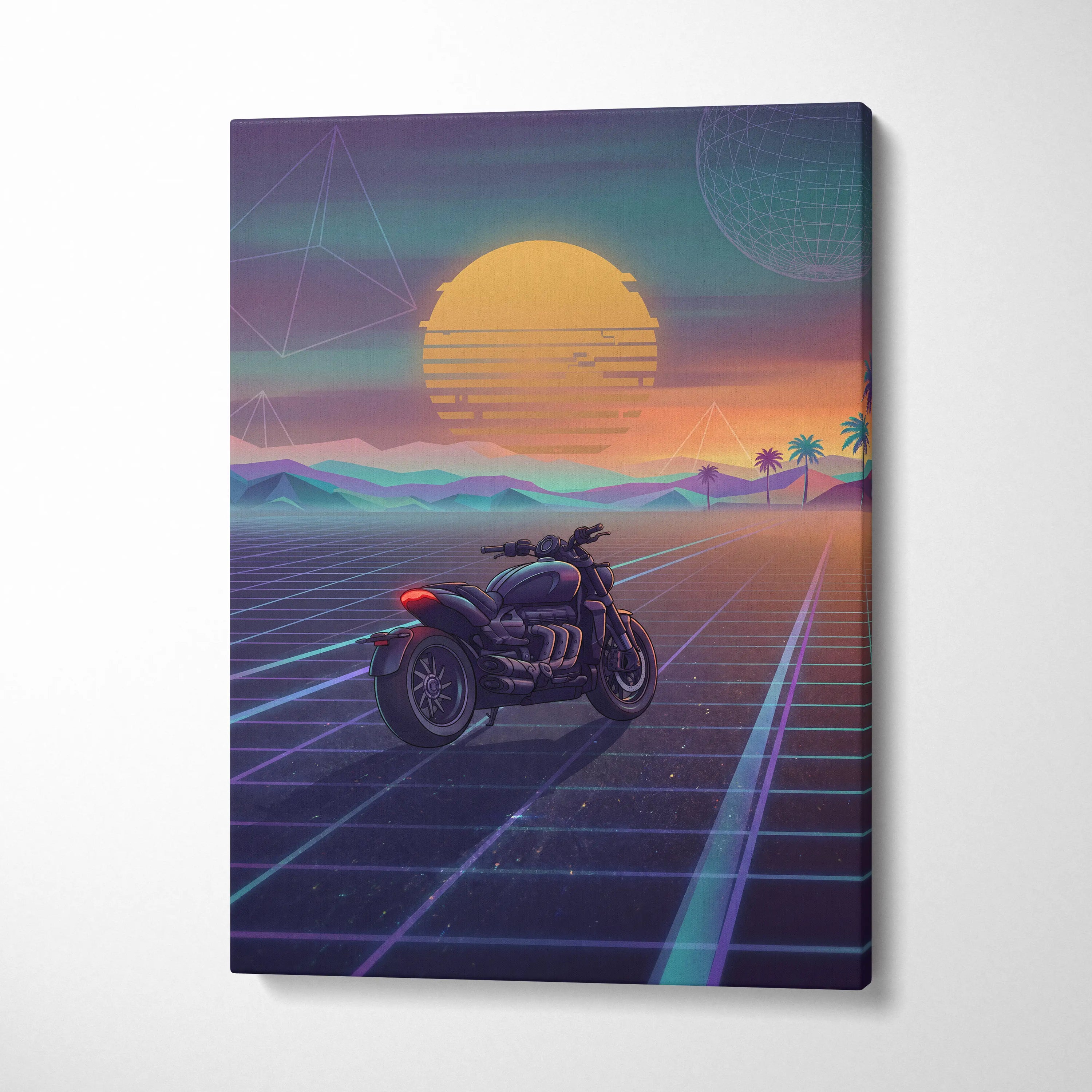 Triumph Rocket 3 Inspired Black Purple Motorcycle Canvas Wall Art Vaporwave Sunset Power Cruiser Garage Decor Retro Futuristic Neon Road Artwork