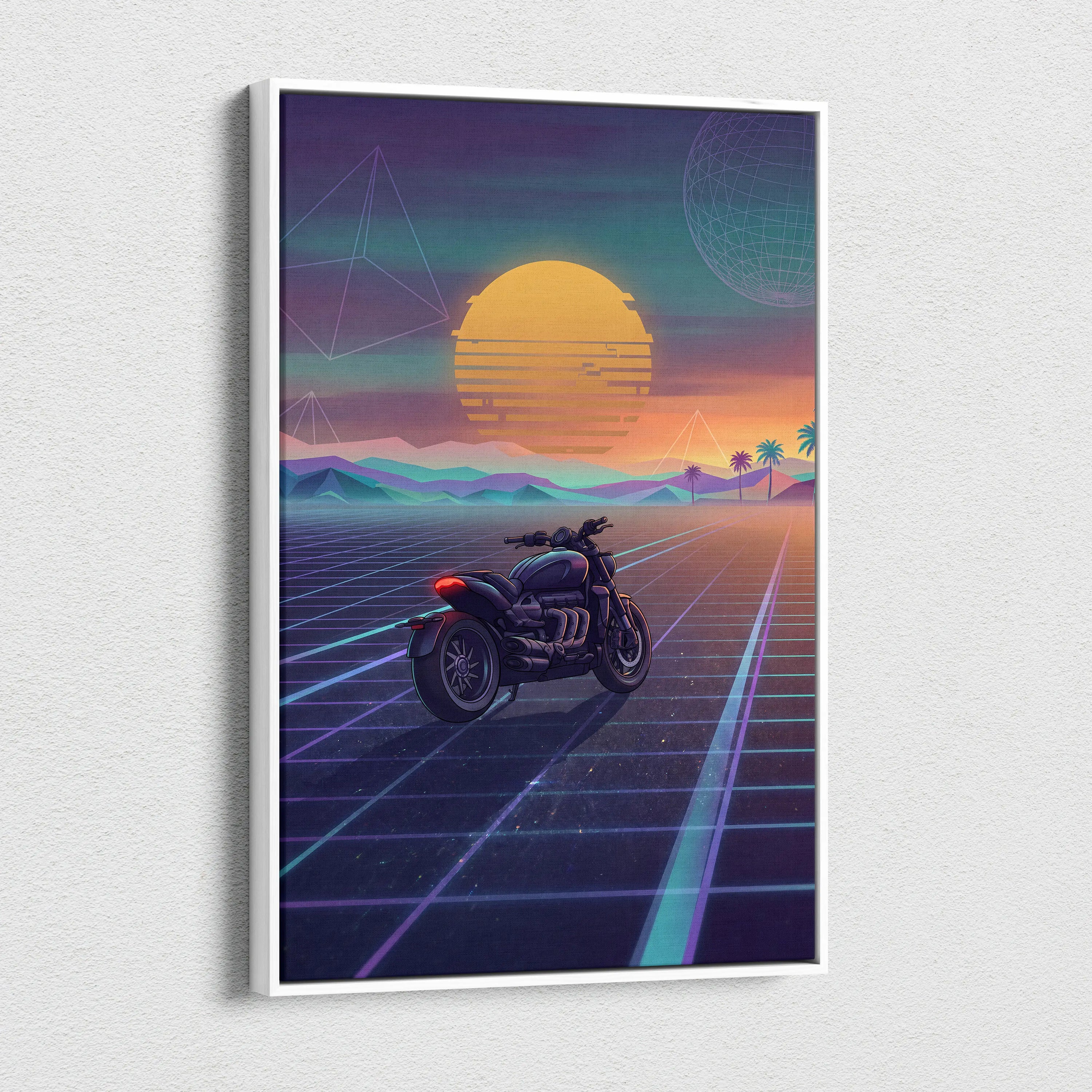Triumph Rocket 3 Inspired Black Purple Motorcycle Canvas Wall Art Vaporwave Sunset Power Cruiser Garage Decor Retro Futuristic Neon Road Artwork