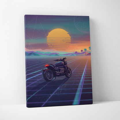 Triumph Rocket 3 Inspired Black Purple Motorcycle Canvas Wall Art Vaporwave Sunset Power Cruiser Garage Decor Retro Futuristic Neon Road Artwork