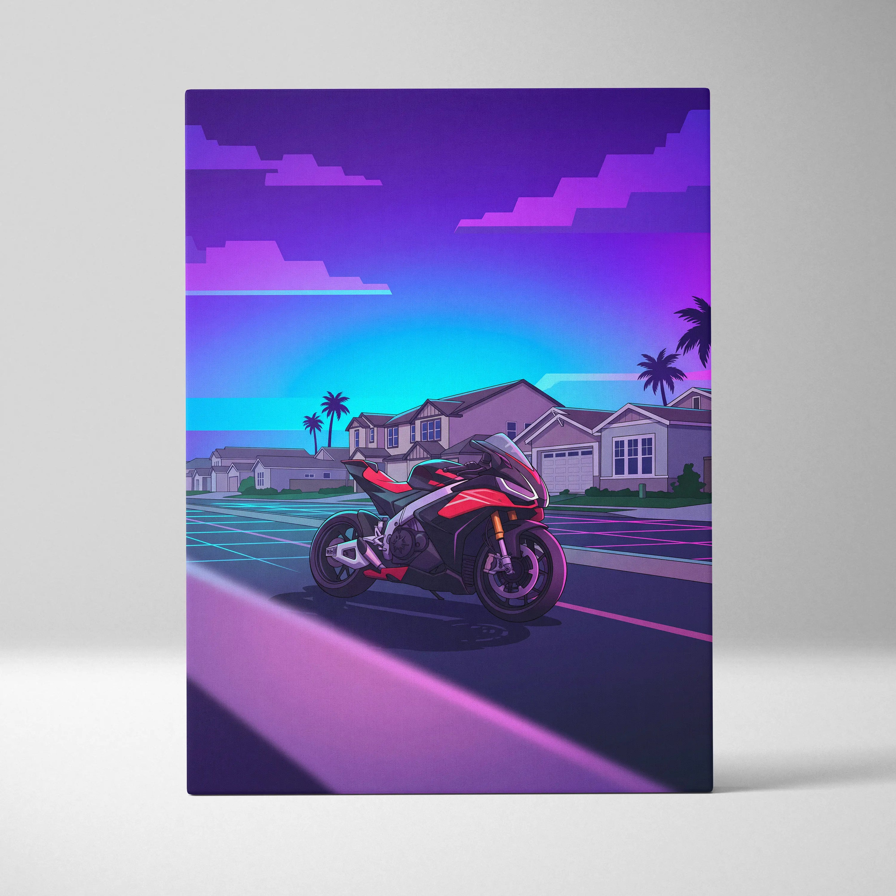 Aprilia RSV4 Inspired Red Purple Motorcycle Canvas Wall Art Vaporwave Neon Suburban Sportbike Garage Decor Retro Futuristic Racing Artwork