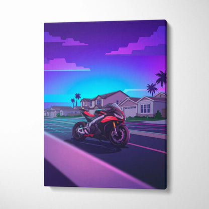 Aprilia RSV4 Inspired Red Purple Motorcycle Canvas Wall Art Vaporwave Neon Suburban Sportbike Garage Decor Retro Futuristic Racing Artwork