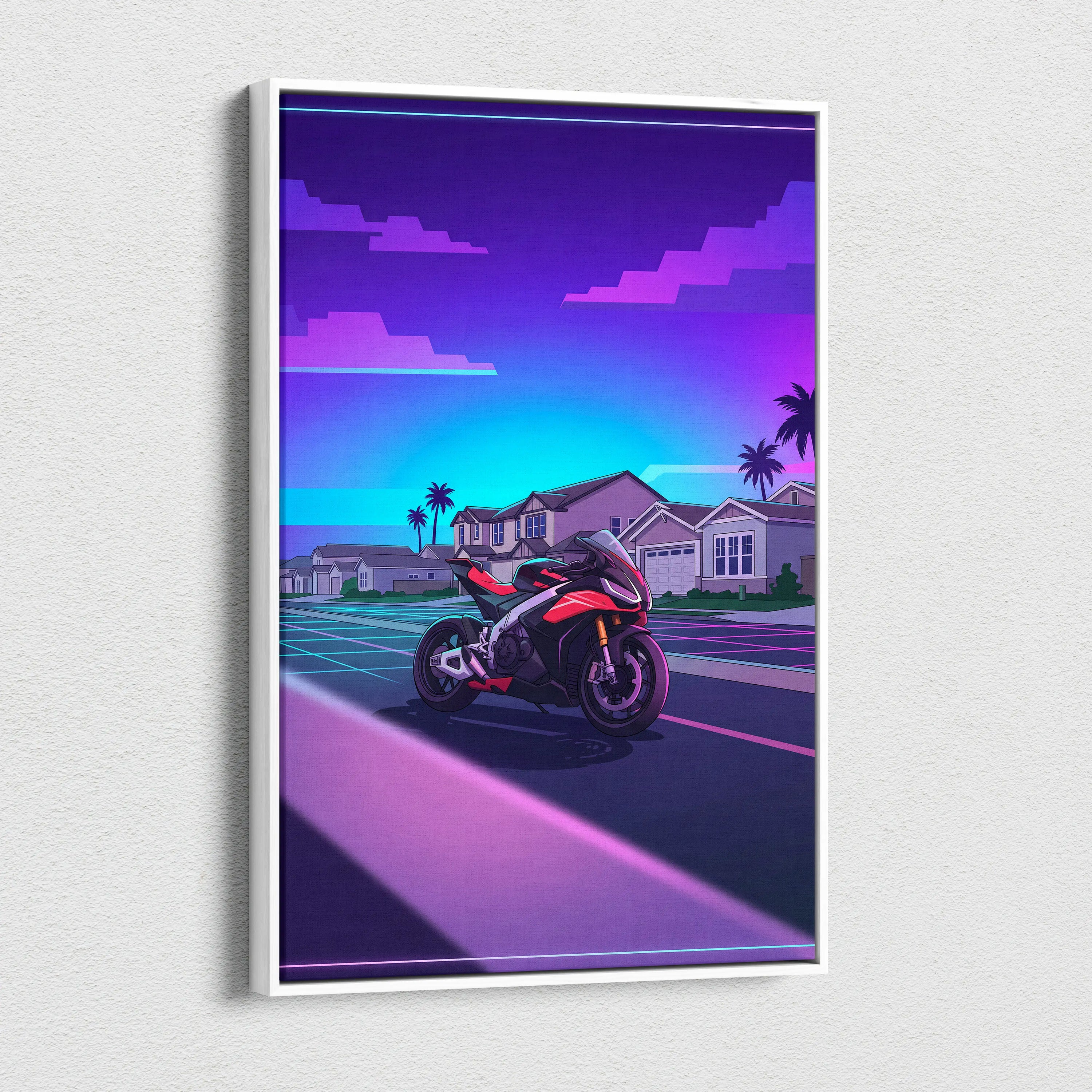 Aprilia RSV4 Inspired Red Purple Motorcycle Canvas Wall Art Vaporwave Neon Suburban Sportbike Garage Decor Retro Futuristic Racing Artwork
