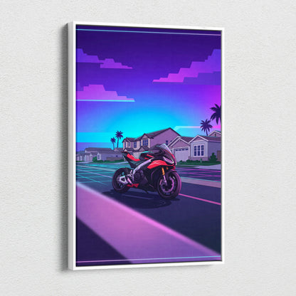 Aprilia RSV4 Inspired Red Purple Motorcycle Canvas Wall Art Vaporwave Neon Suburban Sportbike Garage Decor Retro Futuristic Racing Artwork