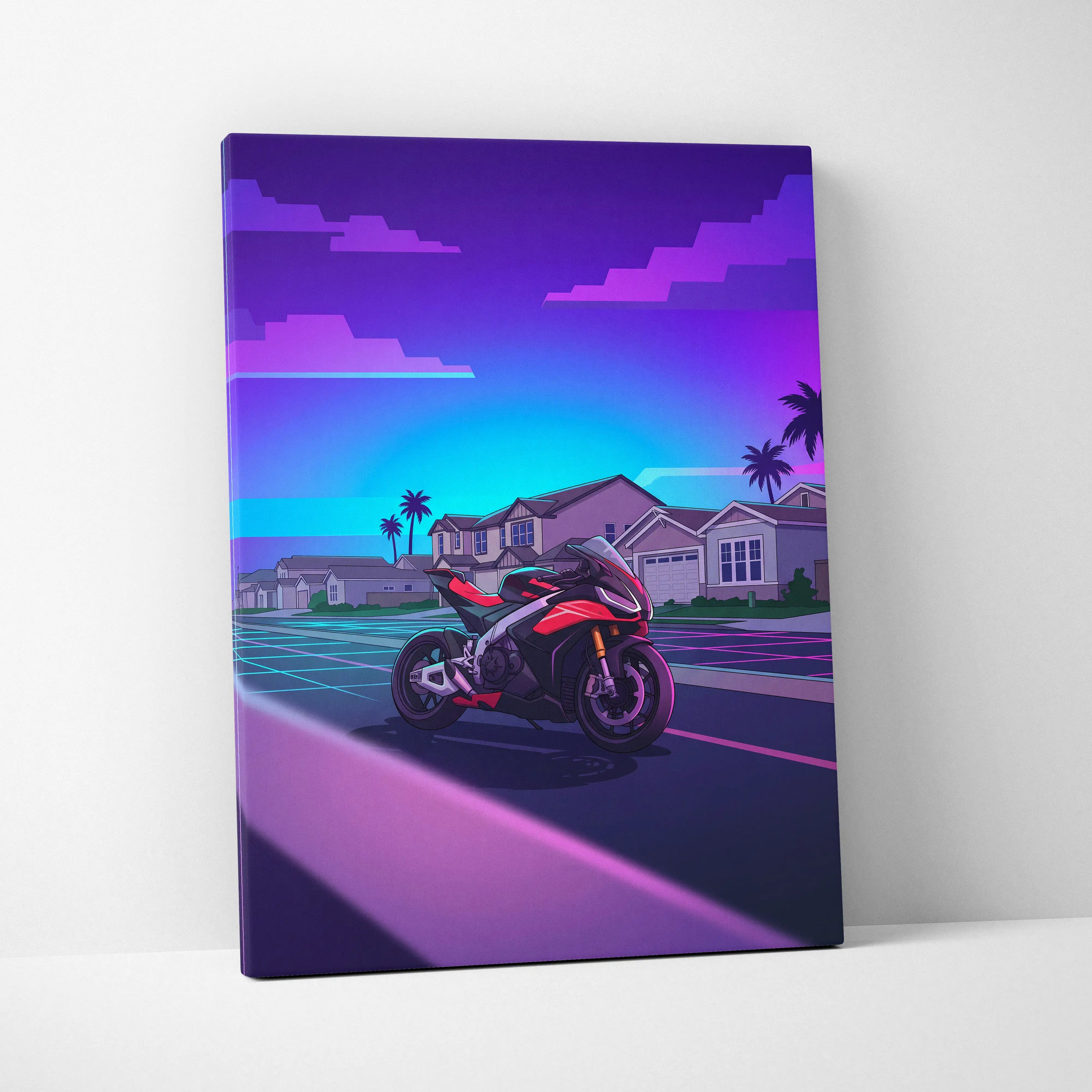 Aprilia RSV4 Inspired Red Purple Motorcycle Canvas Wall Art Vaporwave Neon Suburban Sportbike Garage Decor Retro Futuristic Racing Artwork