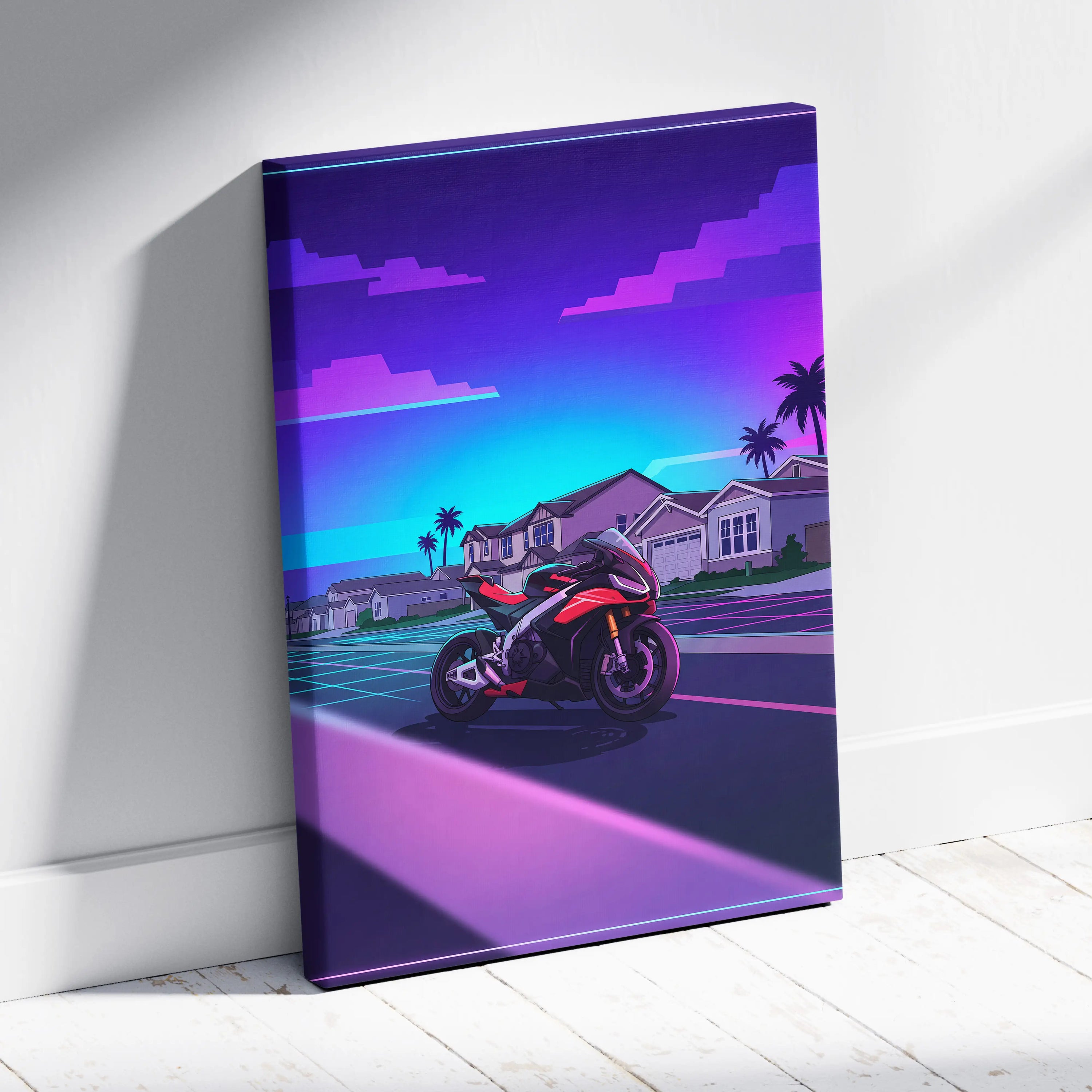 Aprilia RSV4 Inspired Red Purple Motorcycle Canvas Wall Art Vaporwave Neon Suburban Sportbike Garage Decor Retro Futuristic Racing Artwork