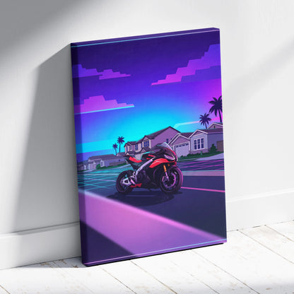 Aprilia RSV4 Inspired Red Purple Motorcycle Canvas Wall Art Vaporwave Neon Suburban Sportbike Garage Decor Retro Futuristic Racing Artwork
