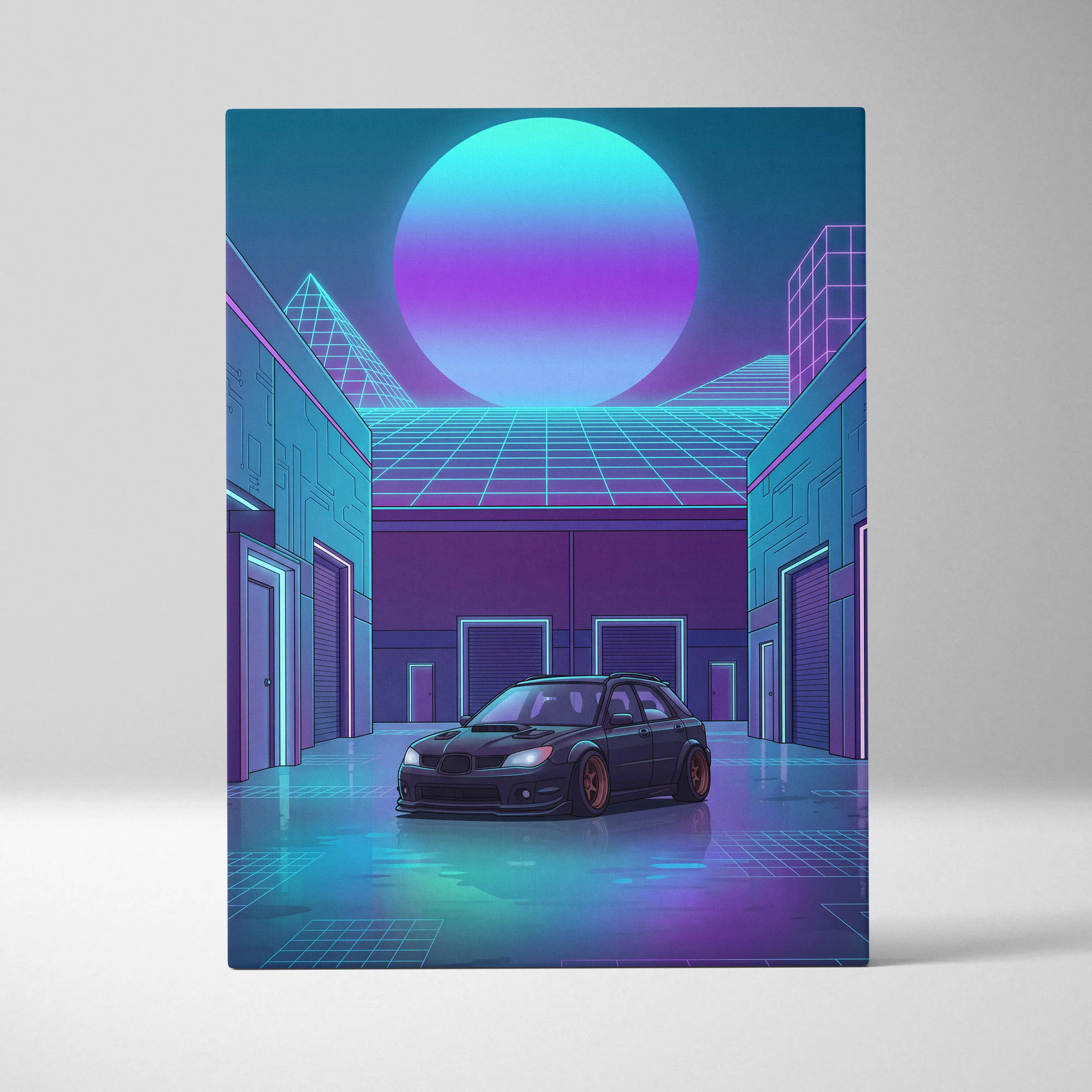 Subaru WRX STI Hatchback Inspired Blue Purple Canvas Wall Art Vaporwave JDM Car Artwork, Neon Cyberpunk Garage Decor Print