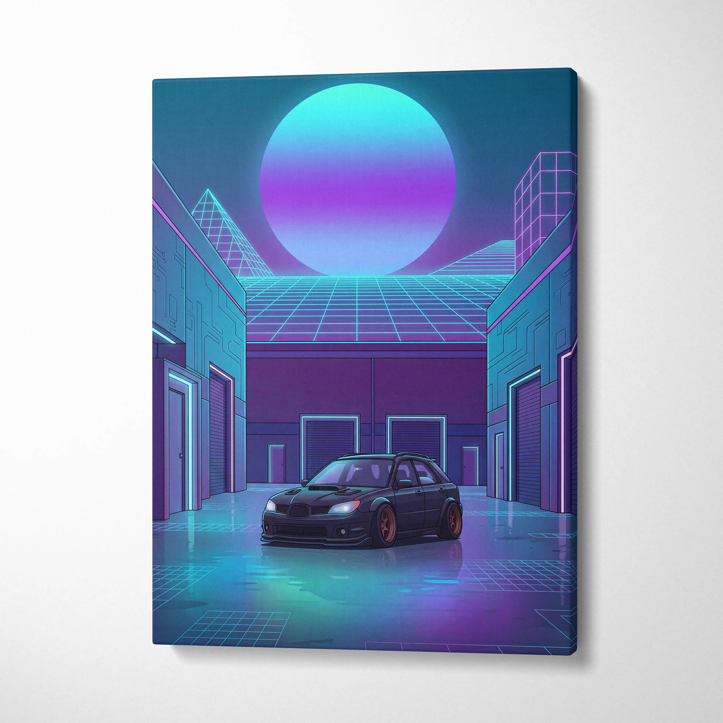 Subaru WRX STI Hatchback Inspired Blue Purple Canvas Wall Art Vaporwave JDM Car Artwork, Neon Cyberpunk Garage Decor Print