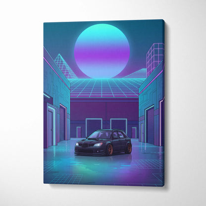 Subaru WRX STI Hatchback Inspired Blue Purple Canvas Wall Art Vaporwave JDM Car Artwork, Neon Cyberpunk Garage Decor Print