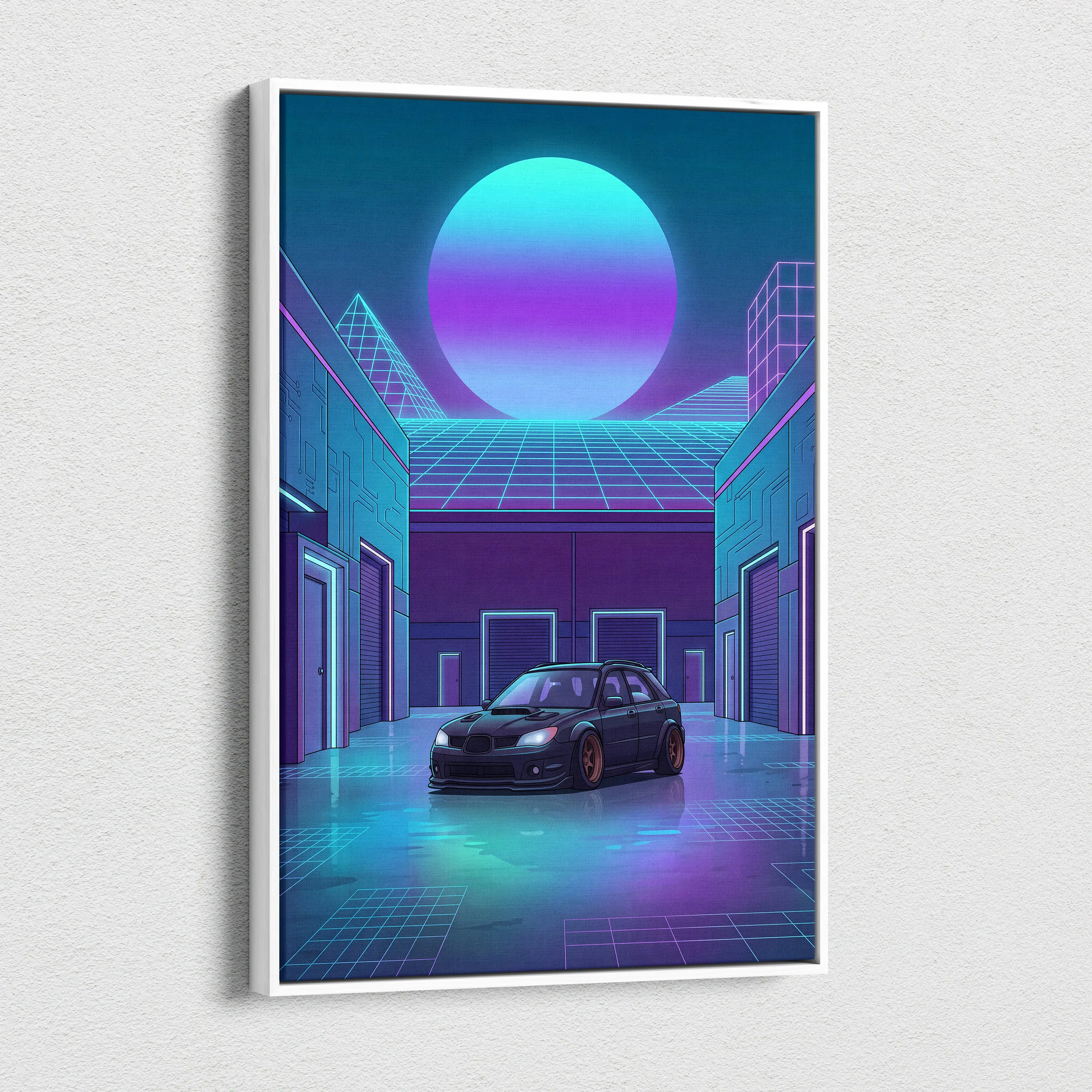 Subaru WRX STI Hatchback Inspired Blue Purple Canvas Wall Art Vaporwave JDM Car Artwork, Neon Cyberpunk Garage Decor Print