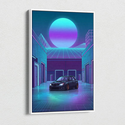 Subaru WRX STI Hatchback Inspired Blue Purple Canvas Wall Art Vaporwave JDM Car Artwork, Neon Cyberpunk Garage Decor Print