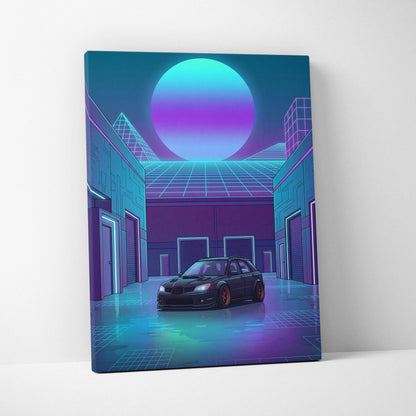 Subaru WRX STI Hatchback Inspired Blue Purple Canvas Wall Art Vaporwave JDM Car Artwork, Neon Cyberpunk Garage Decor Print