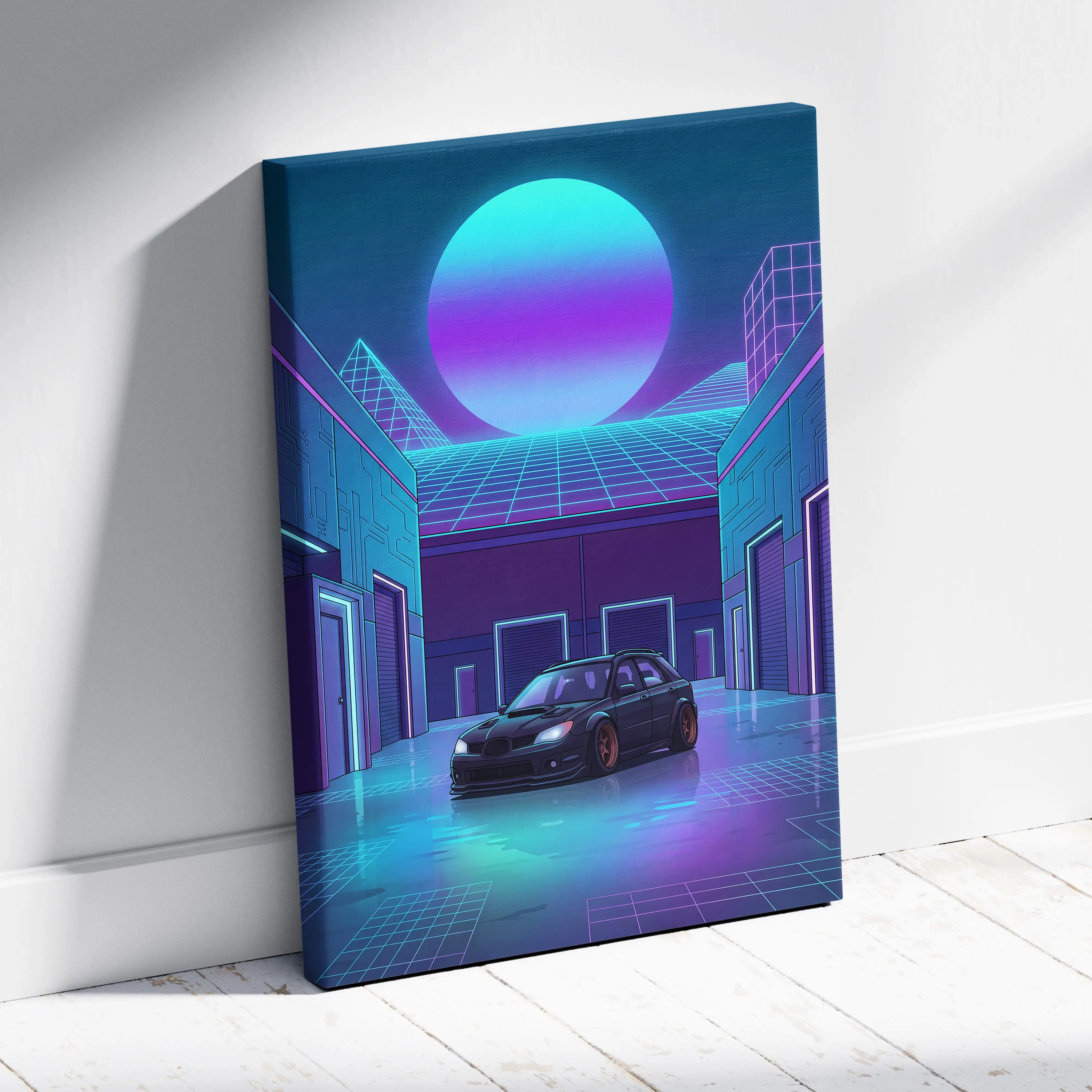 Subaru WRX STI Hatchback Inspired Blue Purple Canvas Wall Art Vaporwave JDM Car Artwork, Neon Cyberpunk Garage Decor Print