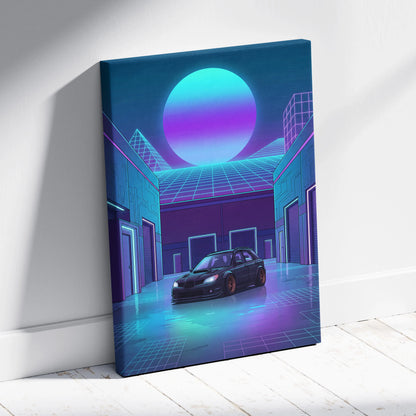 Subaru WRX STI Hatchback Inspired Blue Purple Canvas Wall Art Vaporwave JDM Car Artwork, Neon Cyberpunk Garage Decor Print