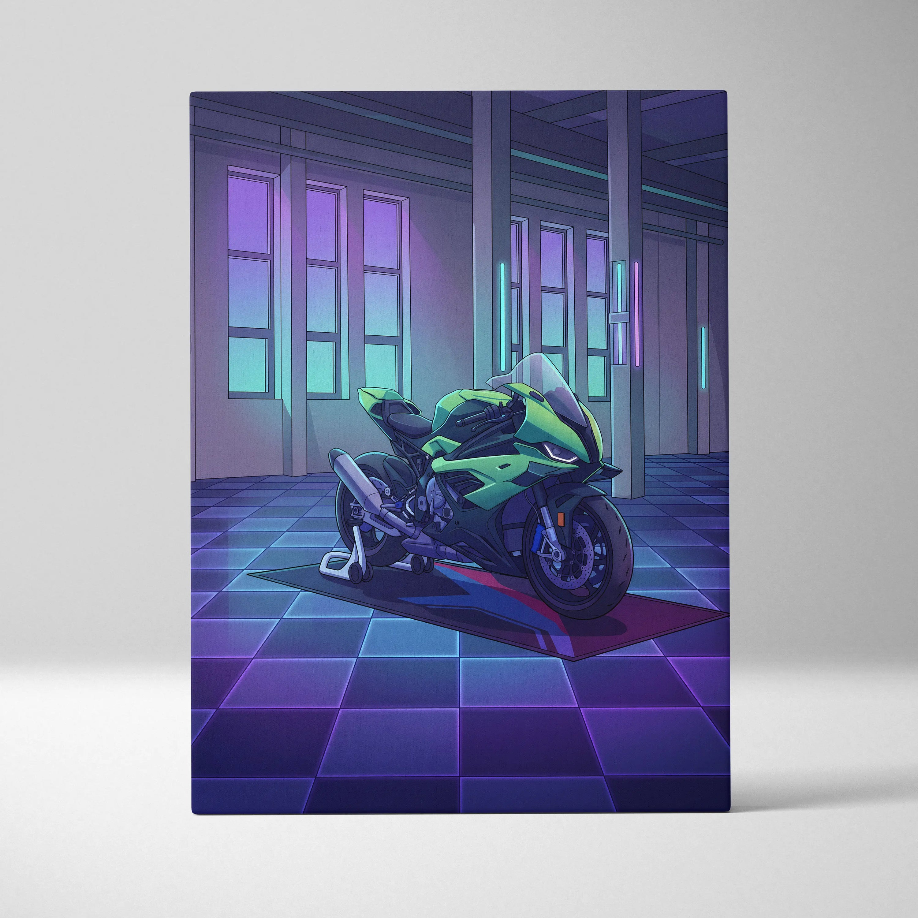 BMW S1000RR Inspired Green Purple Motorcycle Canvas Wall Art Vaporwave Neon Sportbike Garage Decor Retro Futuristic Racing Artwork