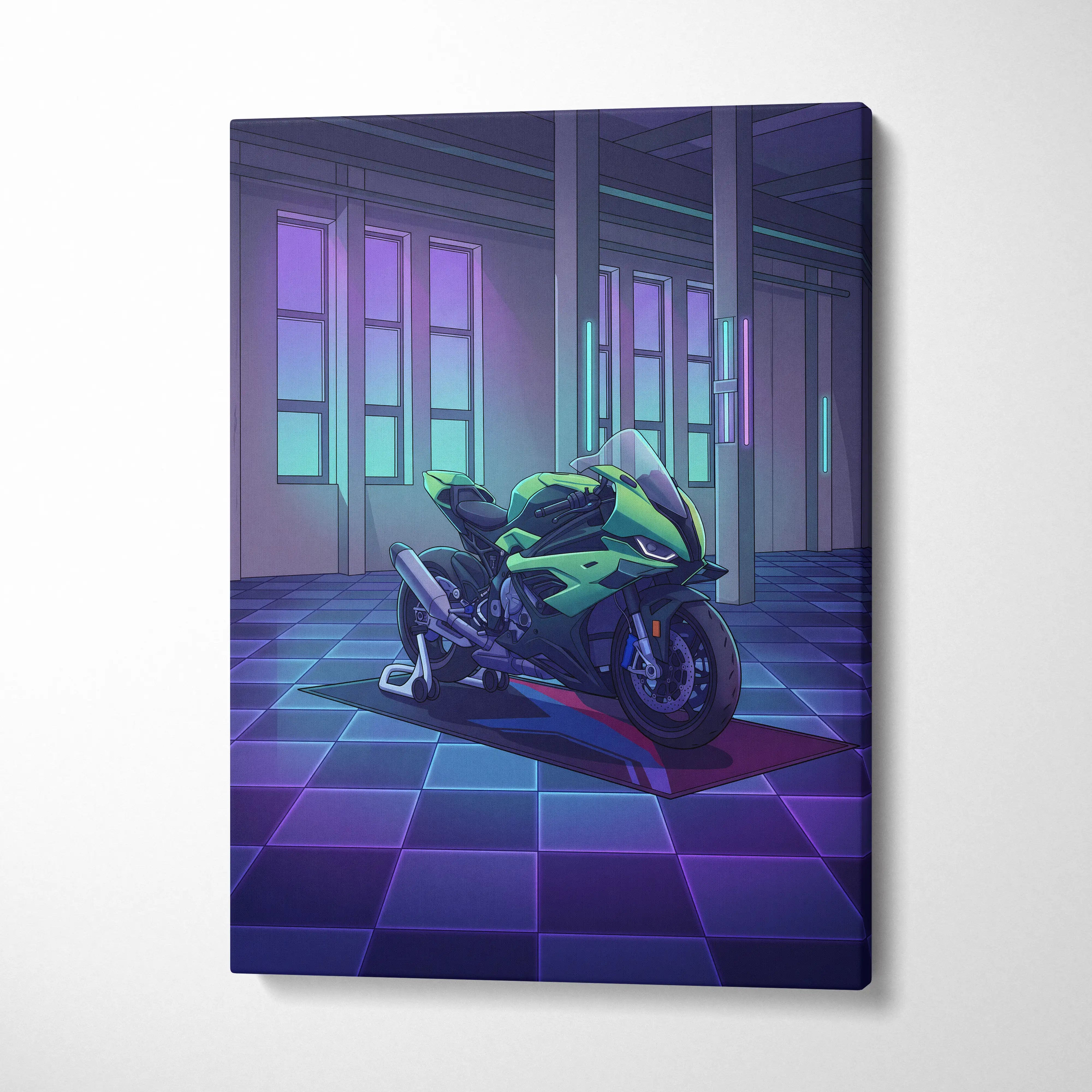 BMW S1000RR Inspired Green Purple Motorcycle Canvas Wall Art Vaporwave Neon Sportbike Garage Decor Retro Futuristic Racing Artwork