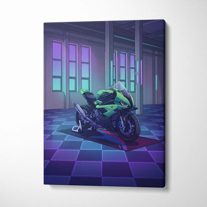 BMW S1000RR Inspired Green Purple Motorcycle Canvas Wall Art Vaporwave Neon Sportbike Garage Decor Retro Futuristic Racing Artwork